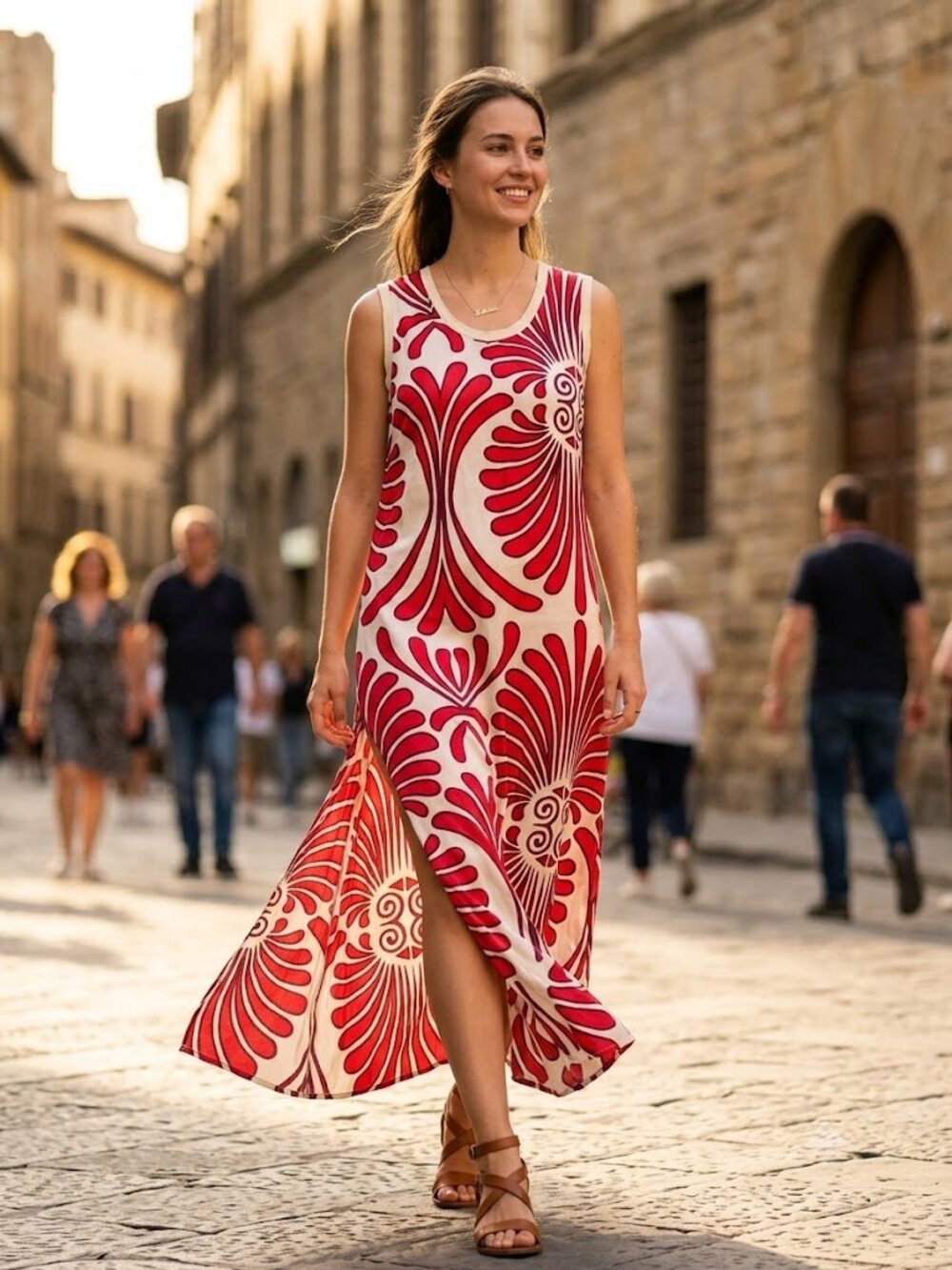 Vintage Made In Italy Silk Blend Maxi Dress Red White Graphic Print Side Slits 5